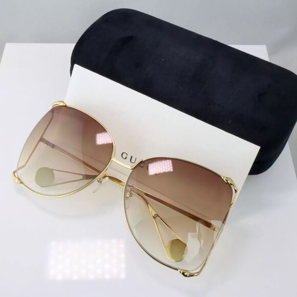 Gucci GG0252S 003 63mm Square Oversized Sunglasses Gold w/Brown Lenses - Picture 1 of 6